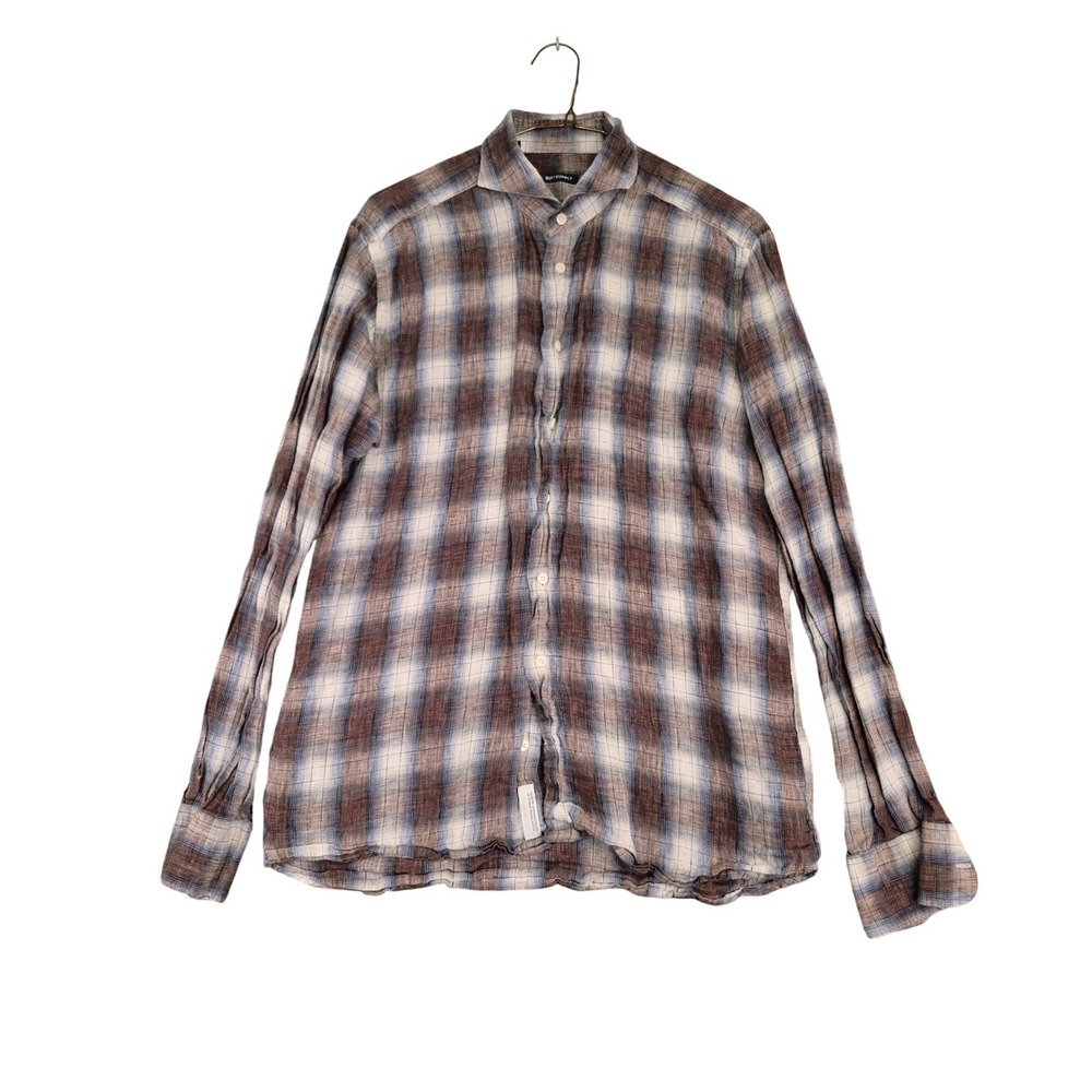 Suitsupply Brown Blue Plaid Dress Shirt Cotonificio Albini Linen Mens 15.5 - Picture 2 of 10